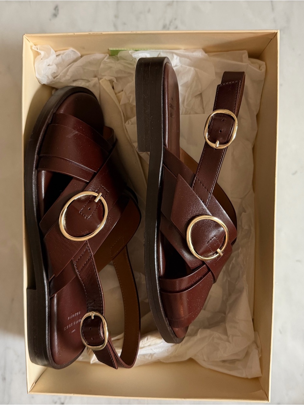 Sézane Low Blandine Chocolate Leather Cross-Strap Sandals with Gold Buckle - Picture 6 of 8